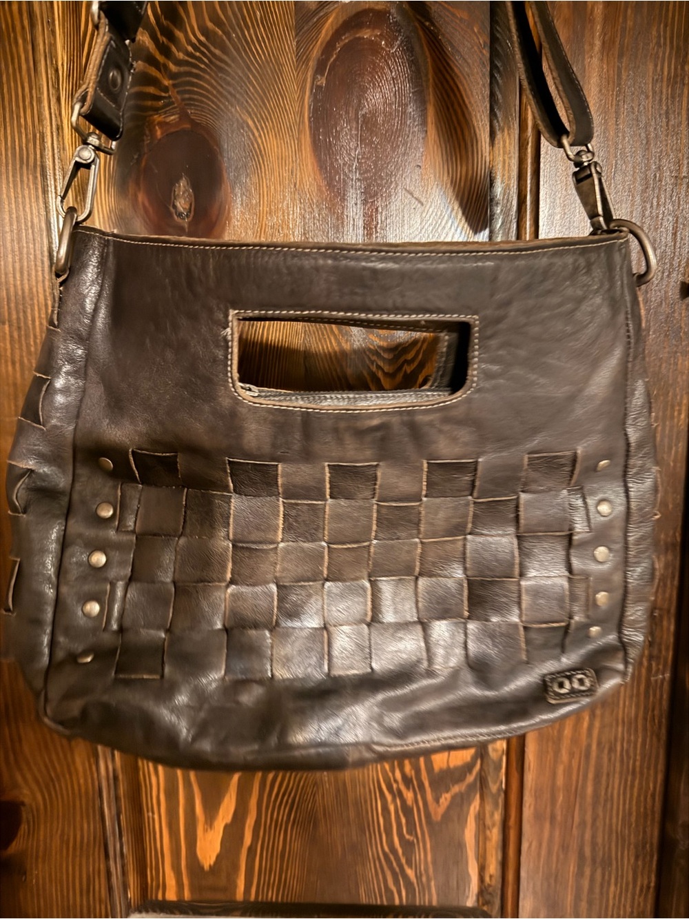 Bedstu Woven Leather Shoulder Bag in distressed dark brown .. beautiful